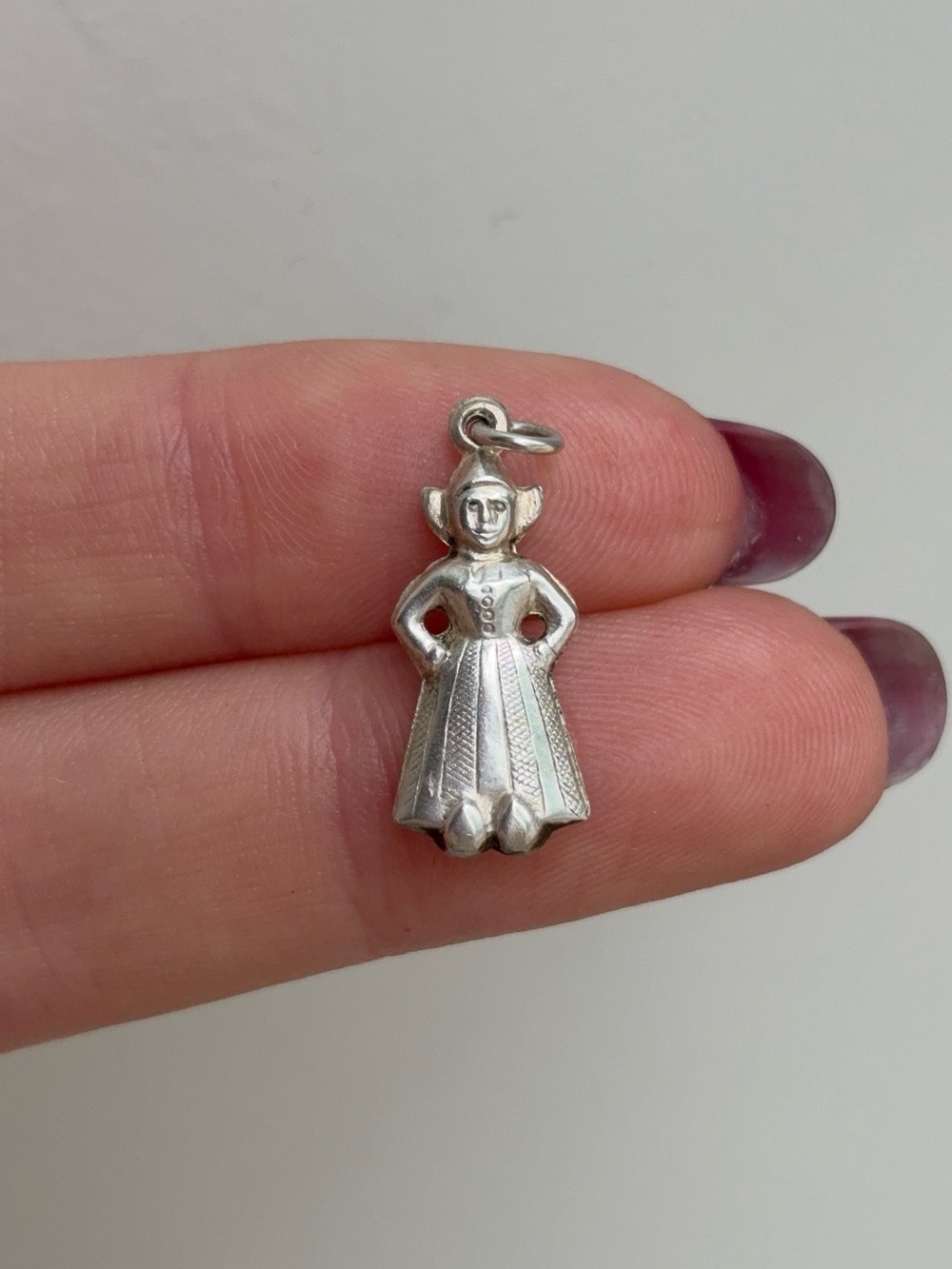 Vintage Sterling Silver Dutch Peasant Woman Puffy Charm Pendant